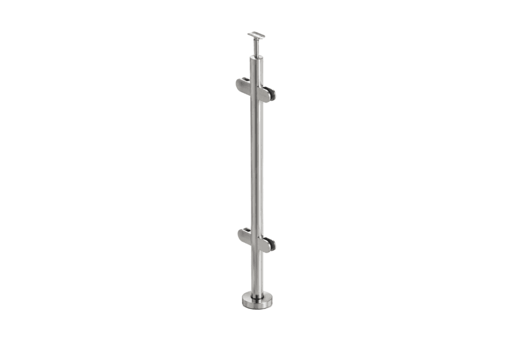 Poteau pose au sol — Intermédiaire — 4 pinces à verre — Inox 304 brossé